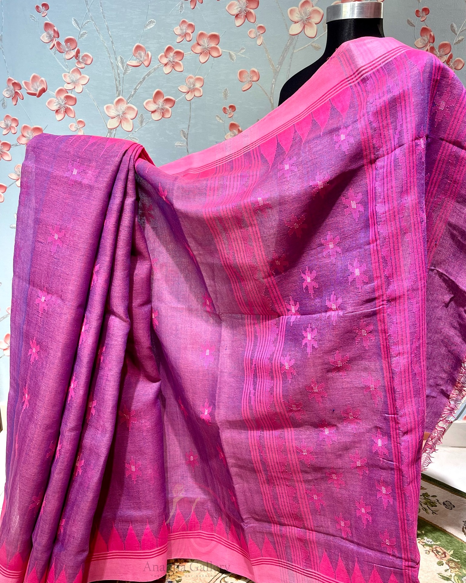 492733059_122156613326527485_182983929994450062_n Pink Shiuli Floral Dual-Tone Pink Monipuri Saree - Image 1